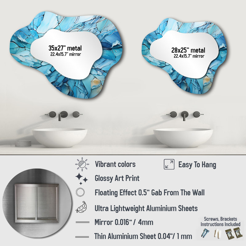 Tyrise Antartica Icebound Kaleidoscope Geometric I - Mountains Cloud Wall Mirror, Blue Asymmetrical Decorative Mirror, Printed Metal Art