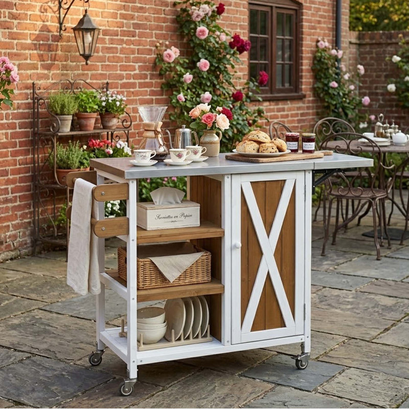Farmhouse Outdoor Kitchen Island Cart with Fold-Down Stainless Steel Extension Top, Open Shelves, Locking Wheels and Storage Cabinet for Patio, Poolside and Backyard