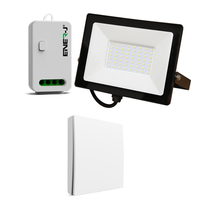 Ener-J 50W LED Floodlight with 500W RF Receiver and 1 Gang Wireless Kinetic Switch White