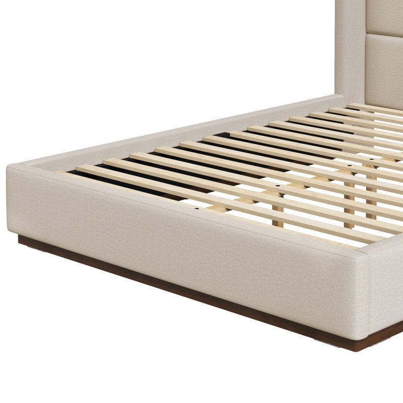 Lit plateforme capitonné à oreilles avec sommier en bois massif, Queen, Dark Linen