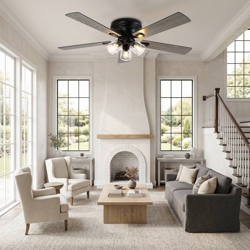 52'' Farmhouse Flush Mount Ceiling Fan With Lights And Remote Control, Vintage Reversible DC Motor Ceiling Fan For Living Room