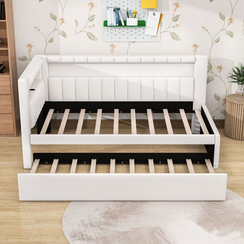 Twin Wooden Bed with Trundle,USB and LED, White