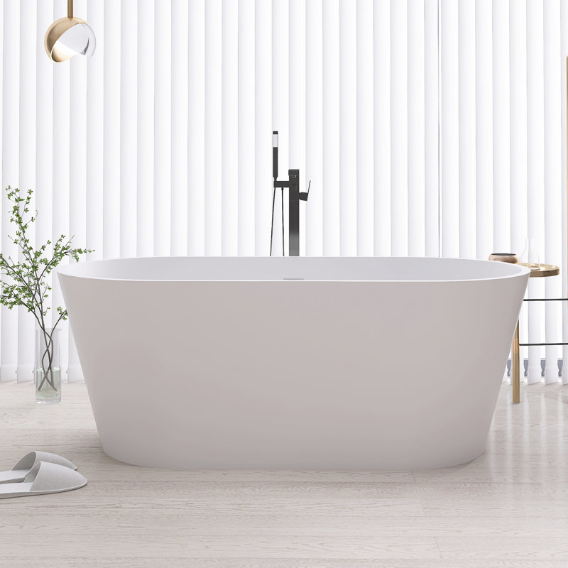 63-Inch Oval Freestanding Solid Surface Soaking Bathtub With Drain