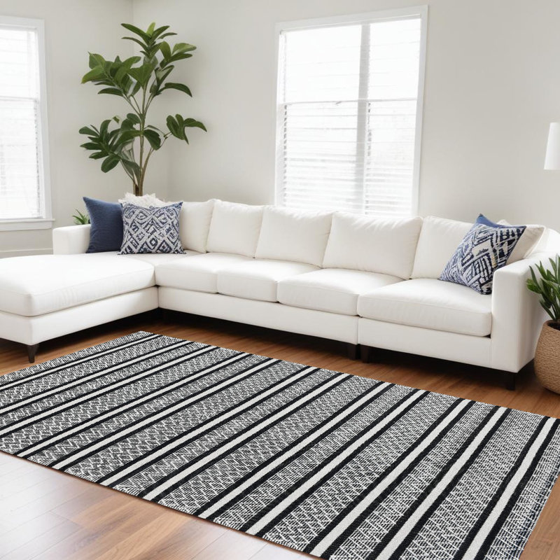 Tapis tissé à la main 8 pi x 10 pi à rayures géométriques en laine noir et blanc
