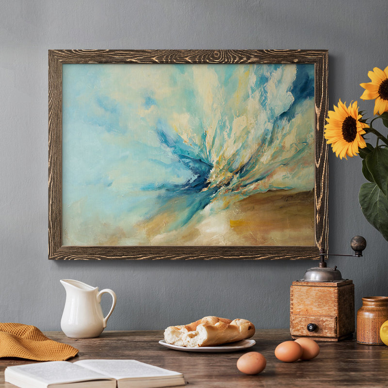 Bleu encadré sur toile, H 28 po x l 42 po x P 1,5 po, Noyer