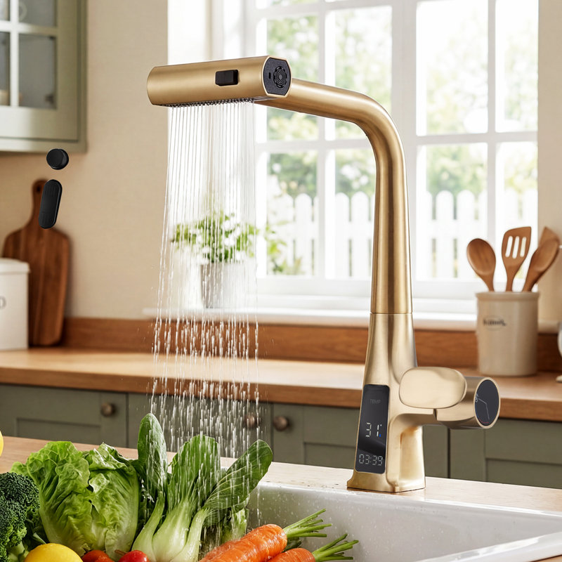 Waterfall Kitchen Faucet With Pull-Down Sprayer, Temperature Display, Single Handle, 3 Flow Modes, Brushed Gold
