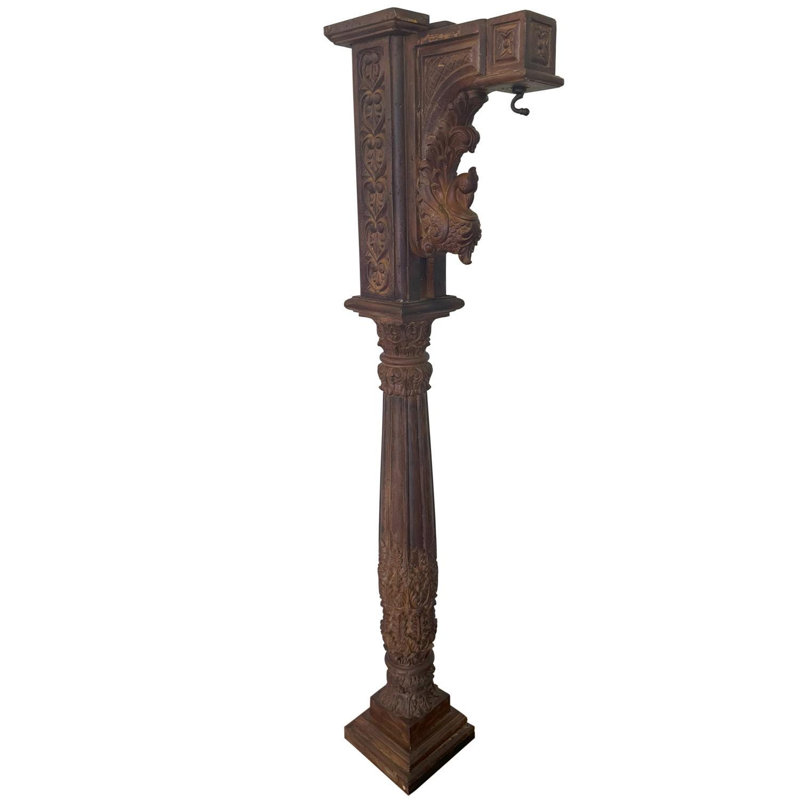 56" Antique Hand Carved Solid Wood Column Display Stand with Hook