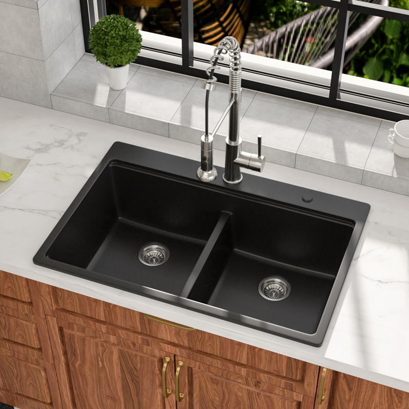 Évier de cuisine en quartz 33 po x 22 po en granite, Noir