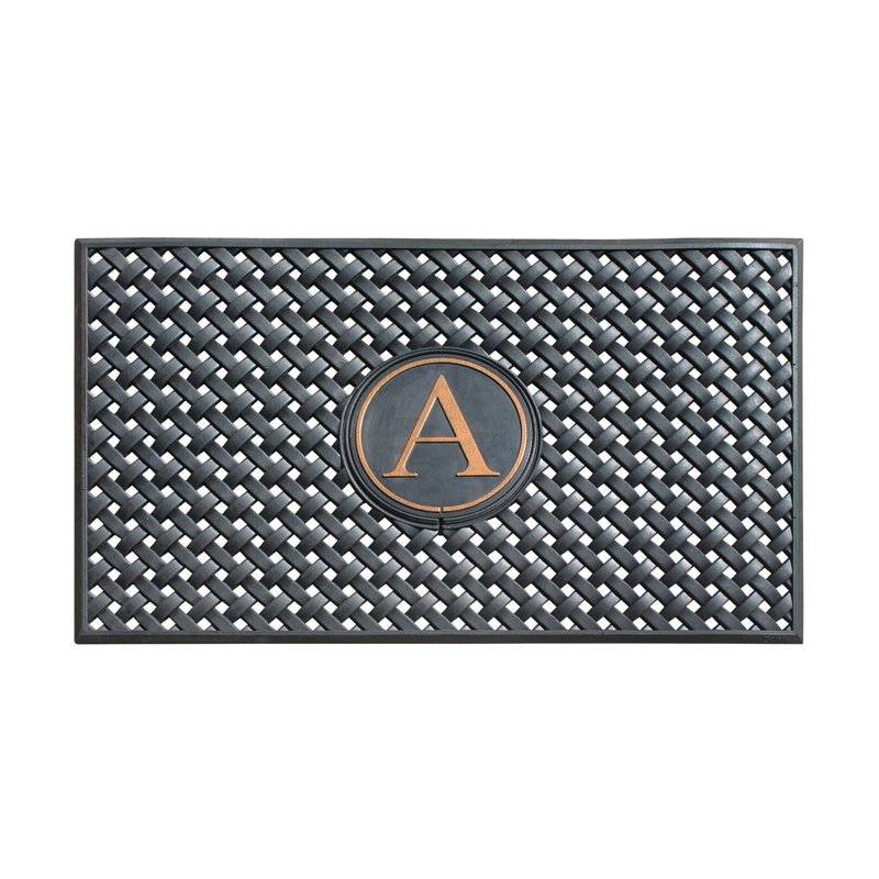 Monogram Large Weave Pattern Door Mat, 24"x39", Natural Rubber, Black, Outdoor Entryway Dirt-Scraper, A