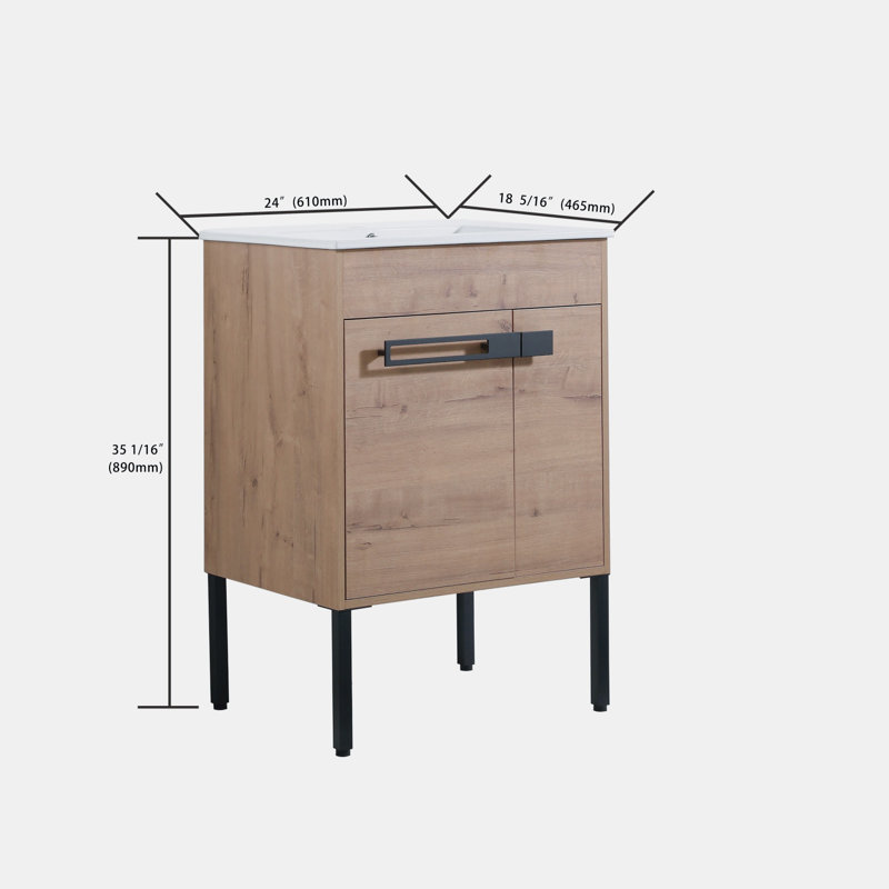 Meuble-lavabo simple flottant / autoportant de 24 po avec plateau en céramique Mossey, Brun