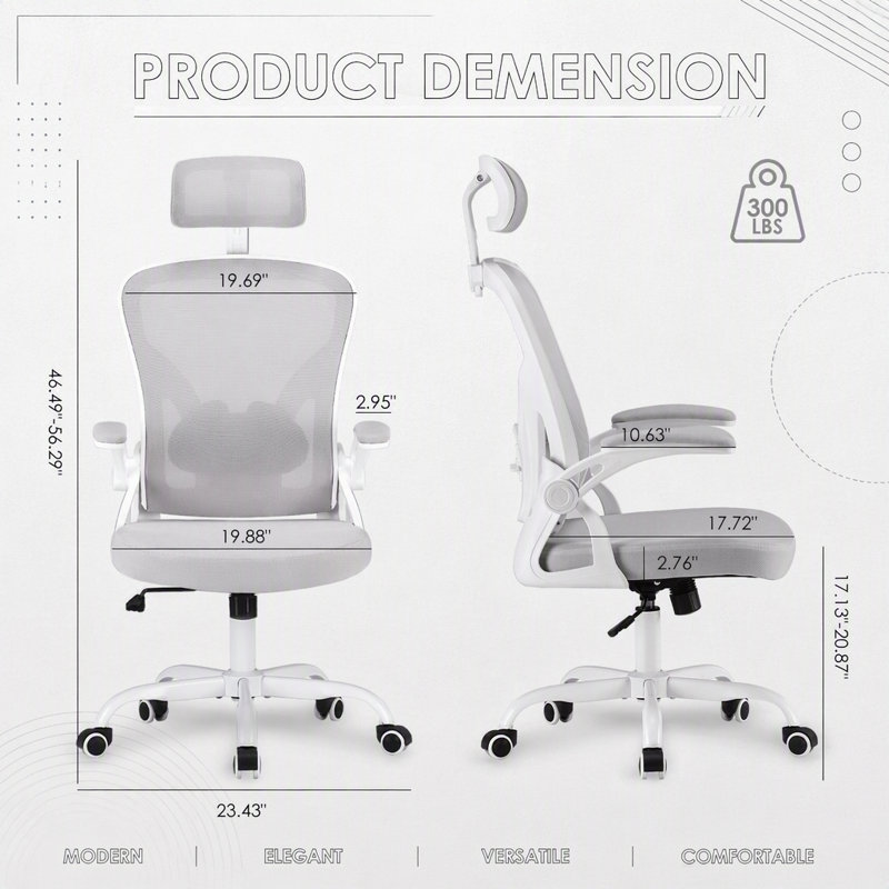 Chaise de bureau ergonomique avec appui-tête, dossier haut, soutien lombaire réglable et accoudoirs fixes, idéale pour la maison et le bureau, blanc et gris.