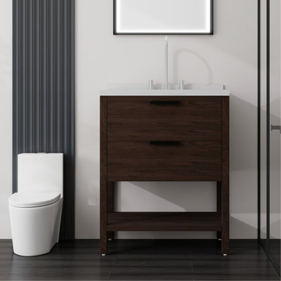 Meuble-lavabo autoportant de 30 po avec lavabo, tiroir à fermeture en douceur, comptoir et dosseret en marbre de culture blanc de 2 po Carrara, contreplaqué, brun