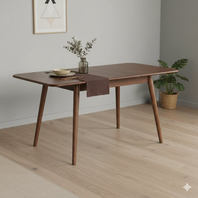 Walnut-Toned Solid Oak Table With Rounded Corners And Angled Supports, Extendable From 1.2 To 1.6 Meters, Seats 6-8 Individuals, Solid Wood Dining Tab