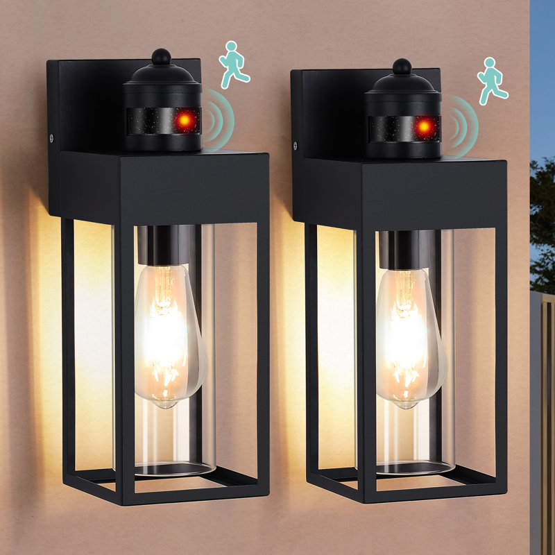 2-Pack Modern Dusk to Dawn And Motion Sensor Outdoor Wall Light With Clear Glass, Matte Black