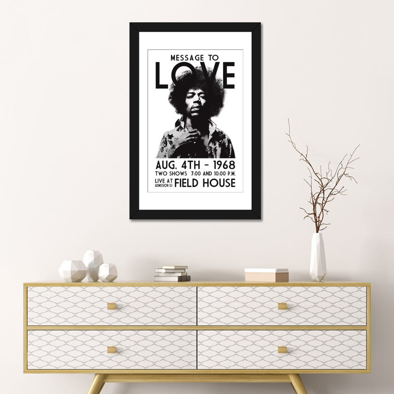 «Message To Love» par Radio Days - publicité imprimée, H 24 po x l 16 po x P 1 po, Papier d'art encadré noir, Blanc