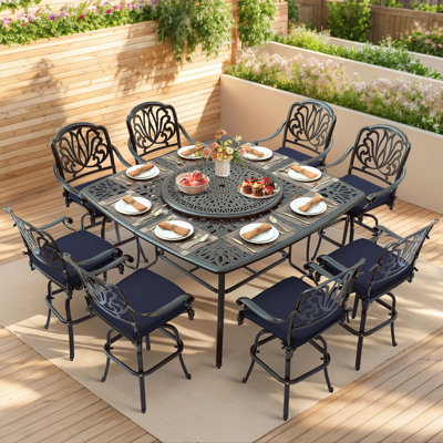  10-Piece Outdoor High Patio Dining Set, Free-Rust Cast Aluminum Patio Bar Table and Chairs Set, Includes 8 Swivel Bar Stools & 63.98" Bar Height Dining Table W/ 35.38" Lazy Susan, Umbrella Hole