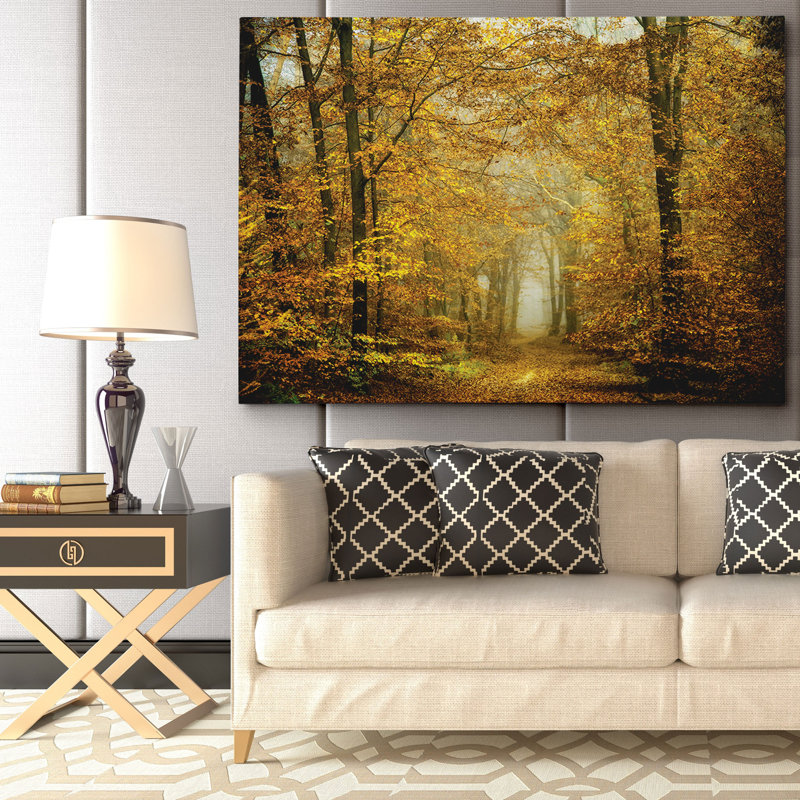 Golden Autumn Forest Path Framed Canvas Print