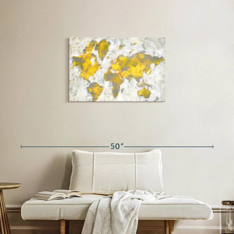 Carte du monde jaune-gris, H 20 po x l 30 po