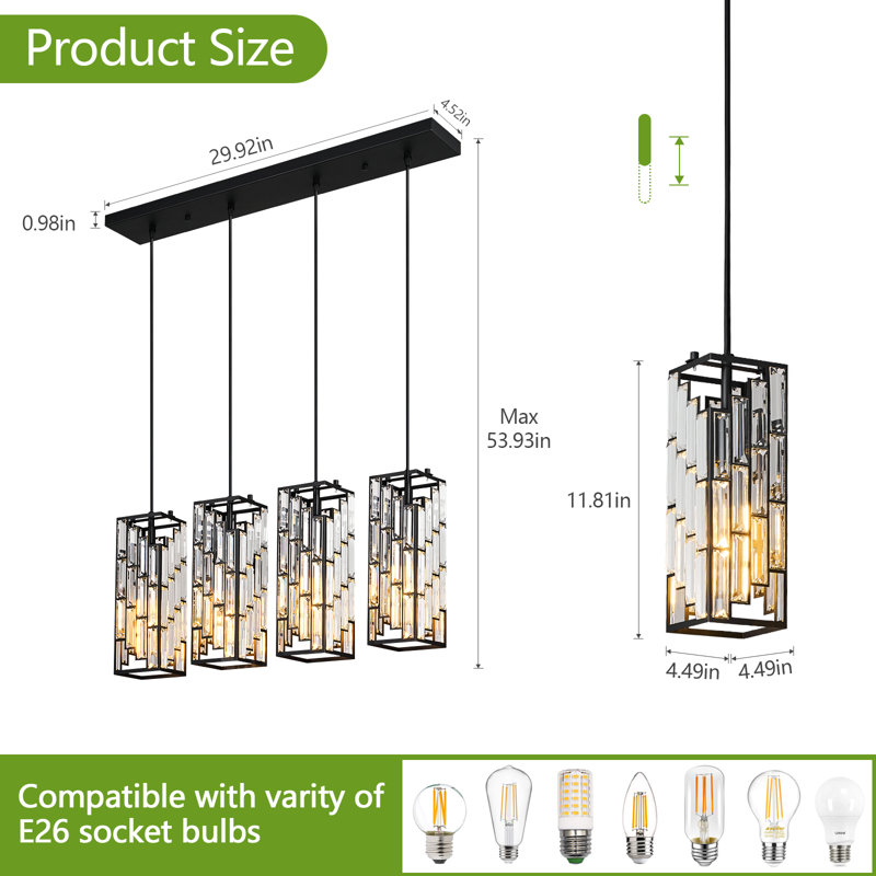 Mini luminaire suspendu réglable 4 lumières lustres en cristal, Noir