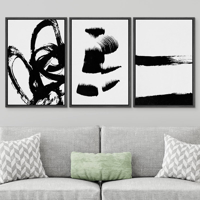 BAW style grunge en noir et blanc, coups de peinture, illustrations abstraites de formes encadrées sur toile, 3 pièces, Noir