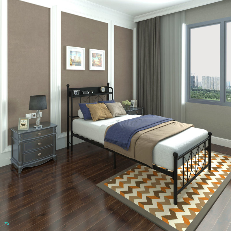 Cadres de lit simple, tête de lit et station de charge et lumière DEL pour la chambre à coucher, solide et stable, sans bruit, aucun sommier requis, assemblage facile