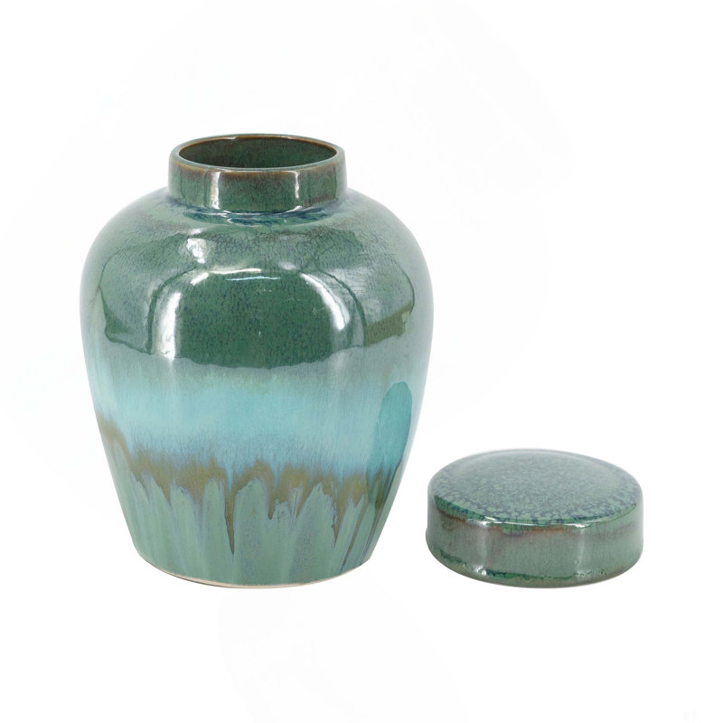 Pot rond en céramique avec couvercle, émail réactif bleu et fines rainures., H 7,8 po x l 6 po x P 6 po