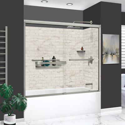 KTAFS603660R-48BS Ensemble de douche / baignoire Saramar à coller de 60 po x 36 po x 80 po avec robinet de porte et accessoires, marbre Biscotti / acier inoxydable brossé
