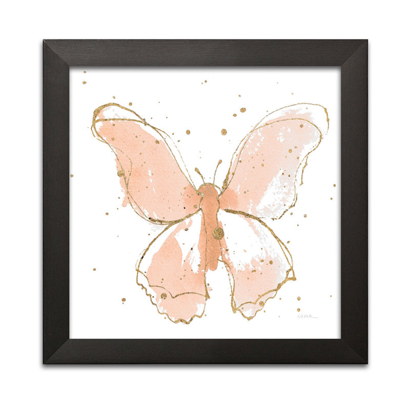 Papillons dorés II, aquarelle rosée, Papier avec cadre noir, H 12 po x l 12 po x P 0,75 po