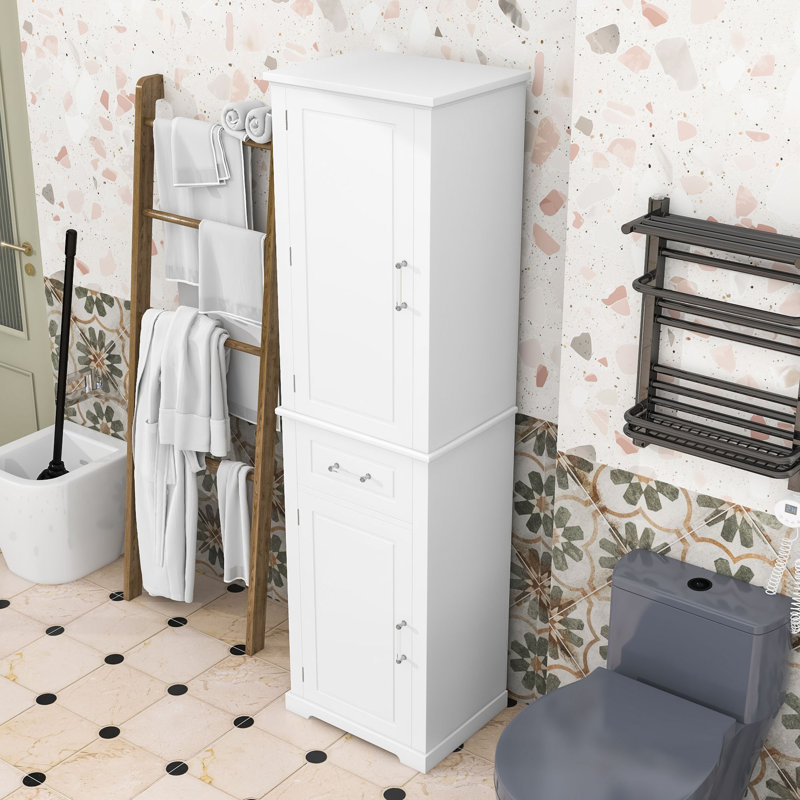 Grande armoire de rangement autoportante pour salle de bain avec tablettes réglables et tiroir, Blanc