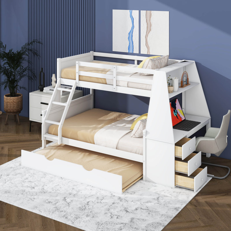 Lit simple superposé au dessus d'un lit double avec bureau, tiroirs et tablettes, Blanc