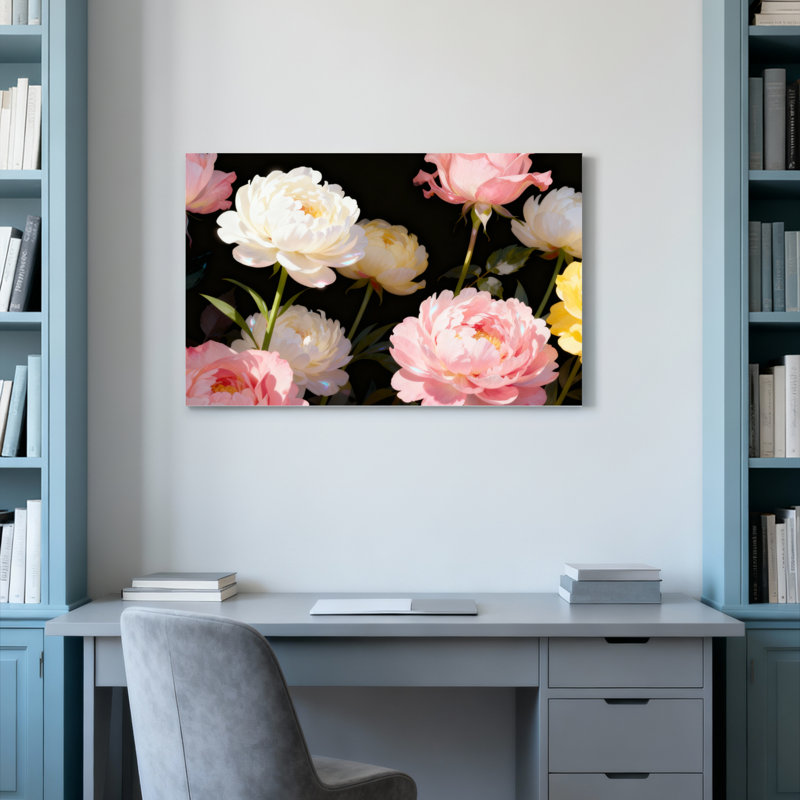 Ensemble de 1 tableau mural sur toile tendue représentant des pivoines, H 16 po x l 24 po