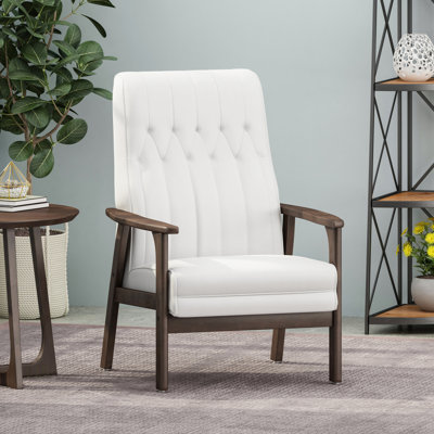 Fauteuil d'appoint Mid-Century en similicuir blanc neige avec pieds en bois espresso