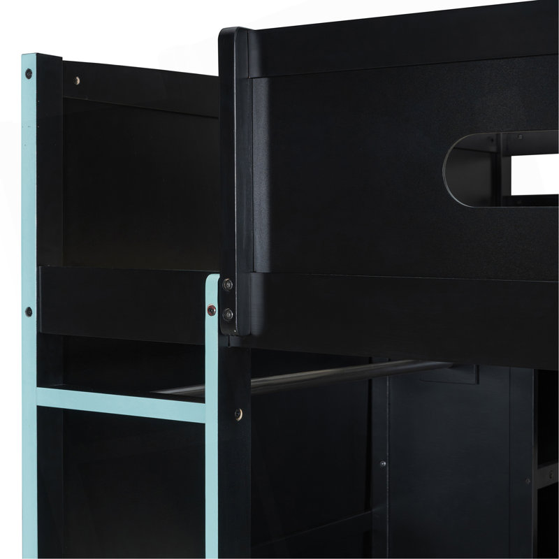 Lit mezzanine double en bois avec bureau, garde-robe, grand espace de rangement et lumière DEL RVB, Bleu