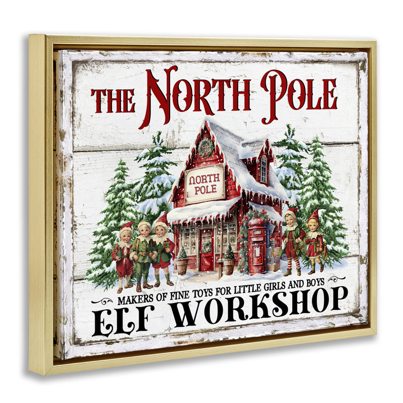 North Pole Workshop Canvas Wall Art by Creatif Belle, 25" H x 31" W, Metallic Gold Floater Frame