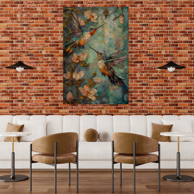 Art mural abstrait contemporain avec colibris, 48" H x 32" W