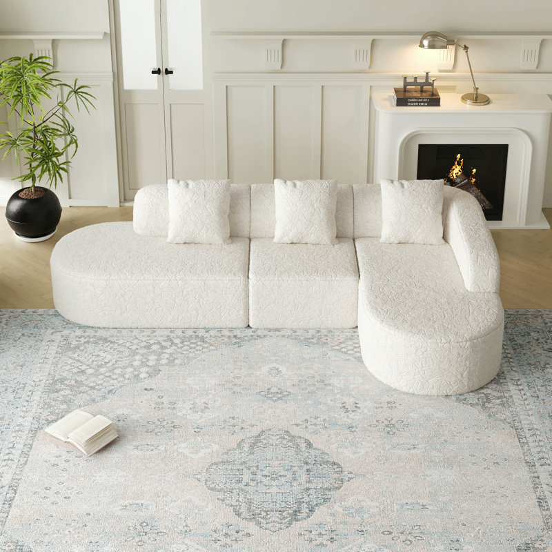 Canapé modulaire incurvé en forme de L de 111,8 pouces, design moderne avec tissu en polyester à poils longs texturé litchi, dossier incurvé avec trois coussins