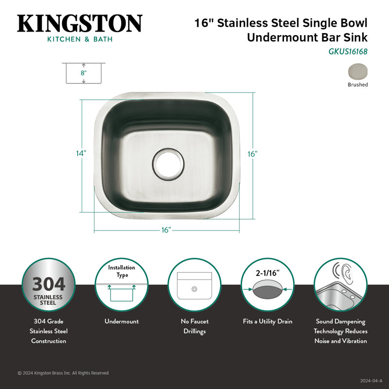 Kingston Brass Loft 16-Inch Stainless Steel Undermount Single Bowl Bar Sink