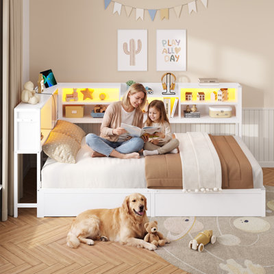 Lit de jour simple TG avec 2 tiroirs de rangement en dessous et station de charge, cadre de lit en L avec bibliothèque de rangement et lumières à DEL pour le salon, la chambre à coucher et la chambre d'amis, blanc