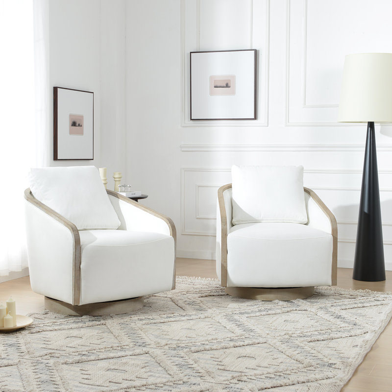 Ensemble de 2 chaises demi-tonneau pivotantes de 30 po en polyester avec base en bois, Blanc perle