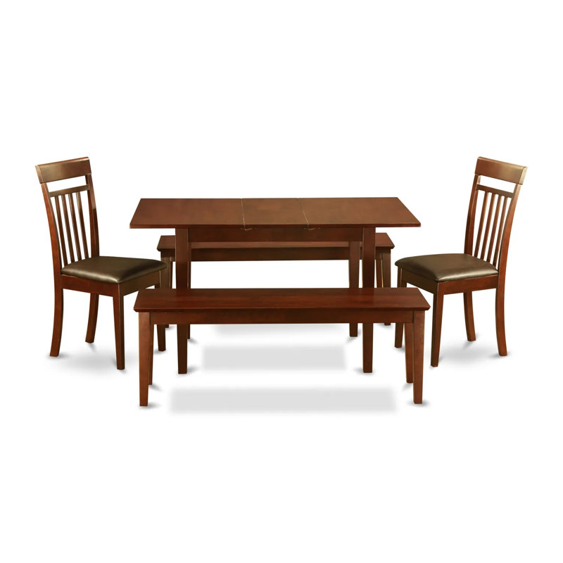 5 Piece Dining Set Includes a Rectangle Dining Table with Butterfly Leaf and 2 Faux Leather Kitchen Chairs with 2 Benches, 32x54 Inch, Mahogany