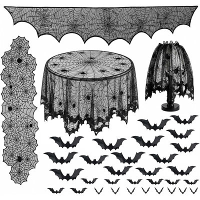 66Pcs Halloween Decorations Kit Included 4Pack Halloween Decorations Set Halloween Tablecloth Black Lace Round Spider Cobweb Table Cover and 62Pcs Bat Stickers for Halloween Party