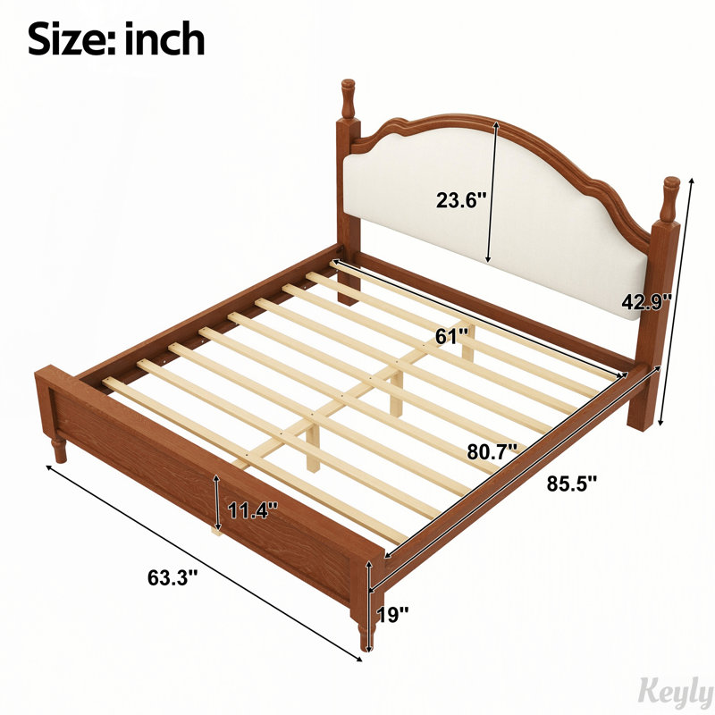 Lit plateforme en bois avec tête de lit tapissier, tissu beige, Grand lit, Beige et brun