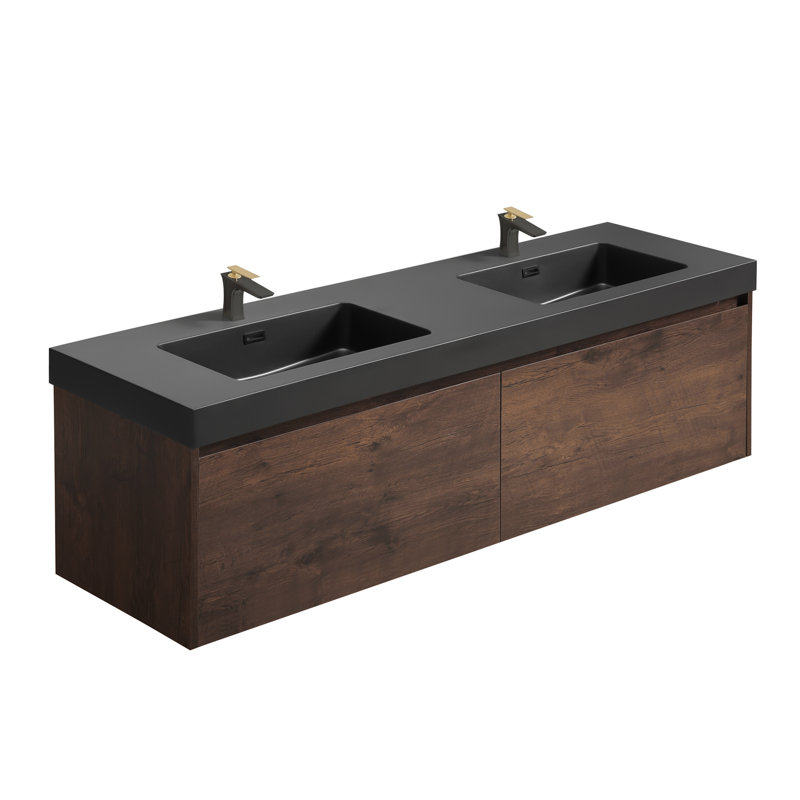 Wall Mounted Single Double Vanity Bathroom Vanity With Solid Surface Top, Brown