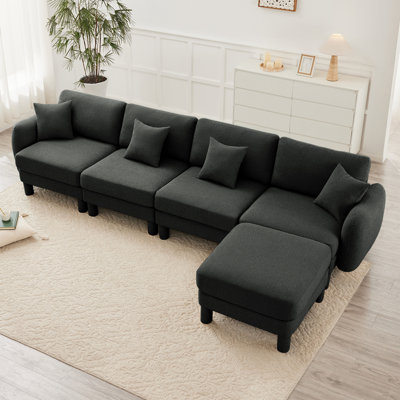Boucle Fabric Convertible L Shape Sectional 4-seater Sofa Couch With Distinctive Shell-shaped Armrests And Removable Ottoman,Cylindrical Legs Wrapped with Self-fabric