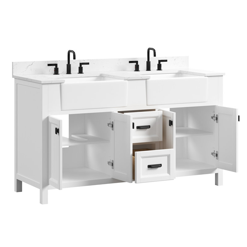  Rojmen 60'' Freestanding Double Bathroom Vanity with Engineered Stone Top