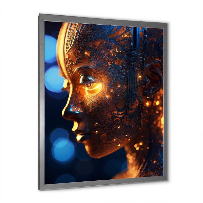 Sci-Fi, portrait d'une femme iridiscente futuriste I, Cadre simple argenté, H 44 po x l 34 po x P 1,5 po