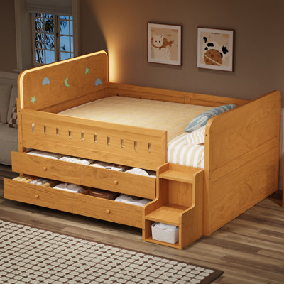 Lit double en bois avec lumière DEL, tiroirs de rangement
