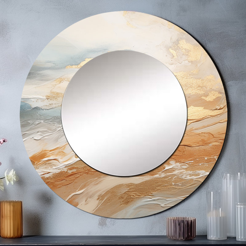 Or et bleu plage sable Fusion II - décor de miroir mural unique côtier, grand miroir rond beige, impression d'art en métal
