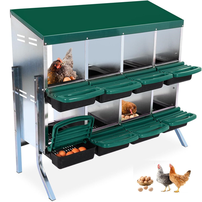Metal Chicken Nesting Box, 8 Compartment Roll Away Nesting Box With Inclined Nesting Boxes, Bottom Holes & Resting Platform, Fit For Different Chicken Breeds,with Stand,green