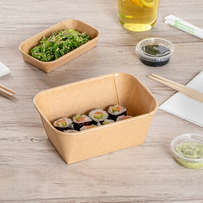 Restaurantware-Matsuri Vision 6.6 x 4.6 x 2.7 Inch Sushi Trays, 50 Greaseproof Sushi Packaging Boxes - Lids Sold Separately, Disposable, Kraft Paper Sushi Containers, For Appetizers Or Desserts